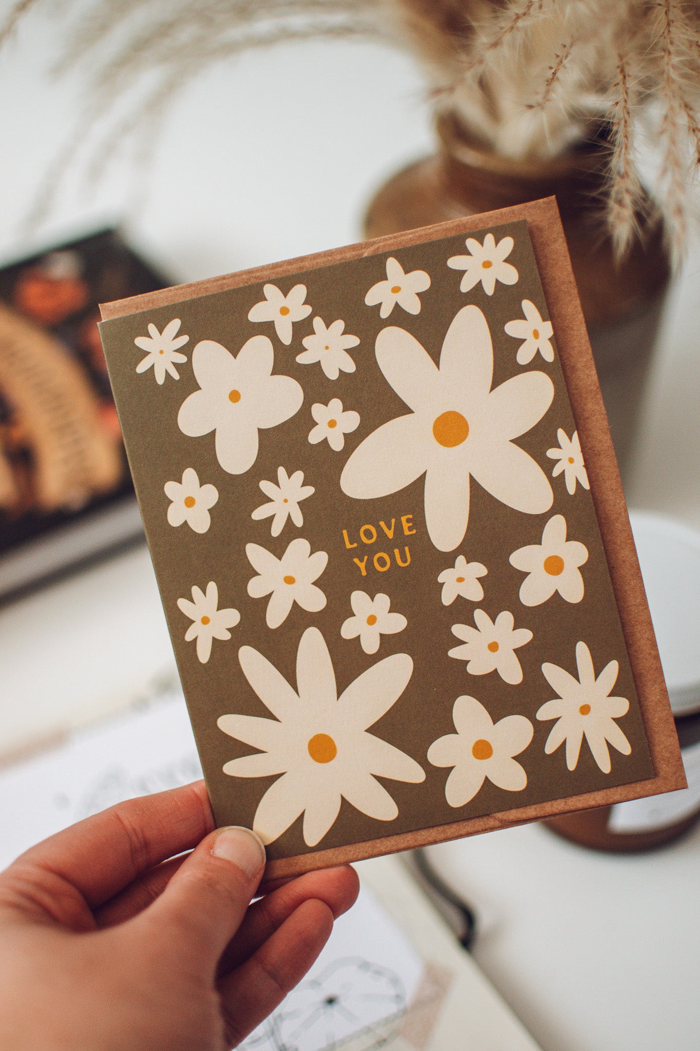 Love You Valentine's Day Card | Olive Green Flower Pattern Greeting Card