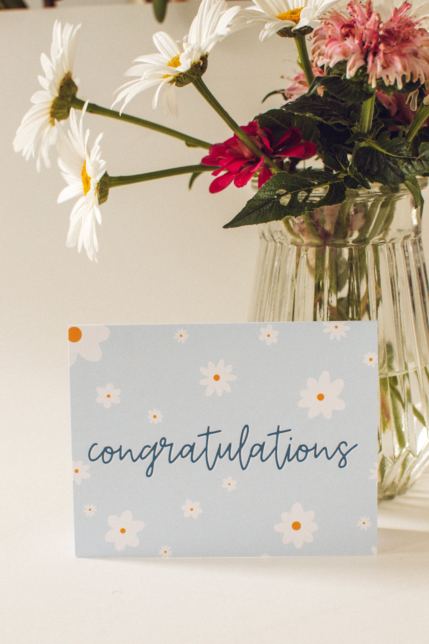 Congratulations Greeting Card Blank | Sky Blue White Daisy Congrats Blank Greeting Card | Blue and White Card Spring Floral Card Set