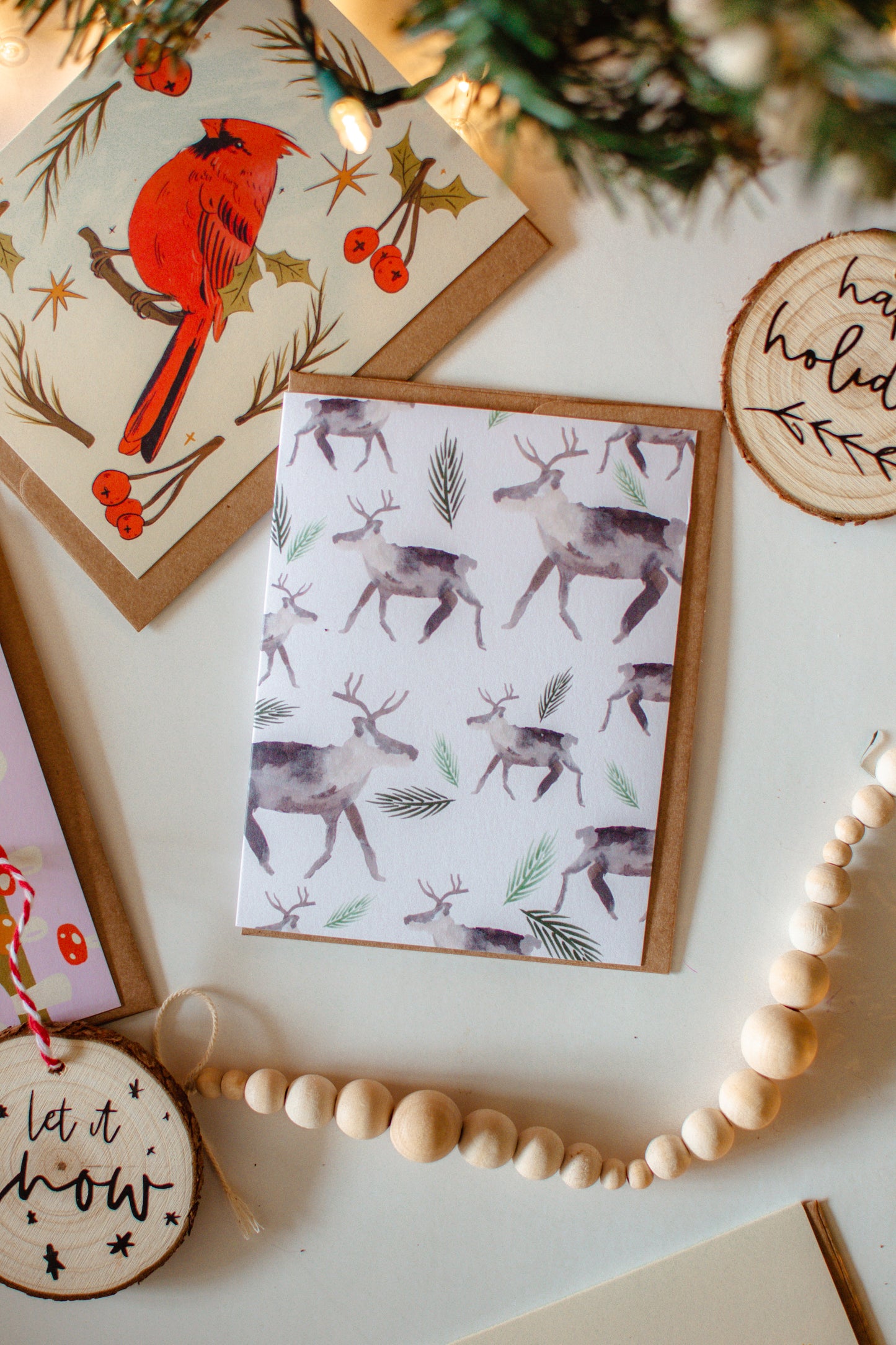 Reindeer Pattern Holiday Card | Caribou and Evergreen Watercolour