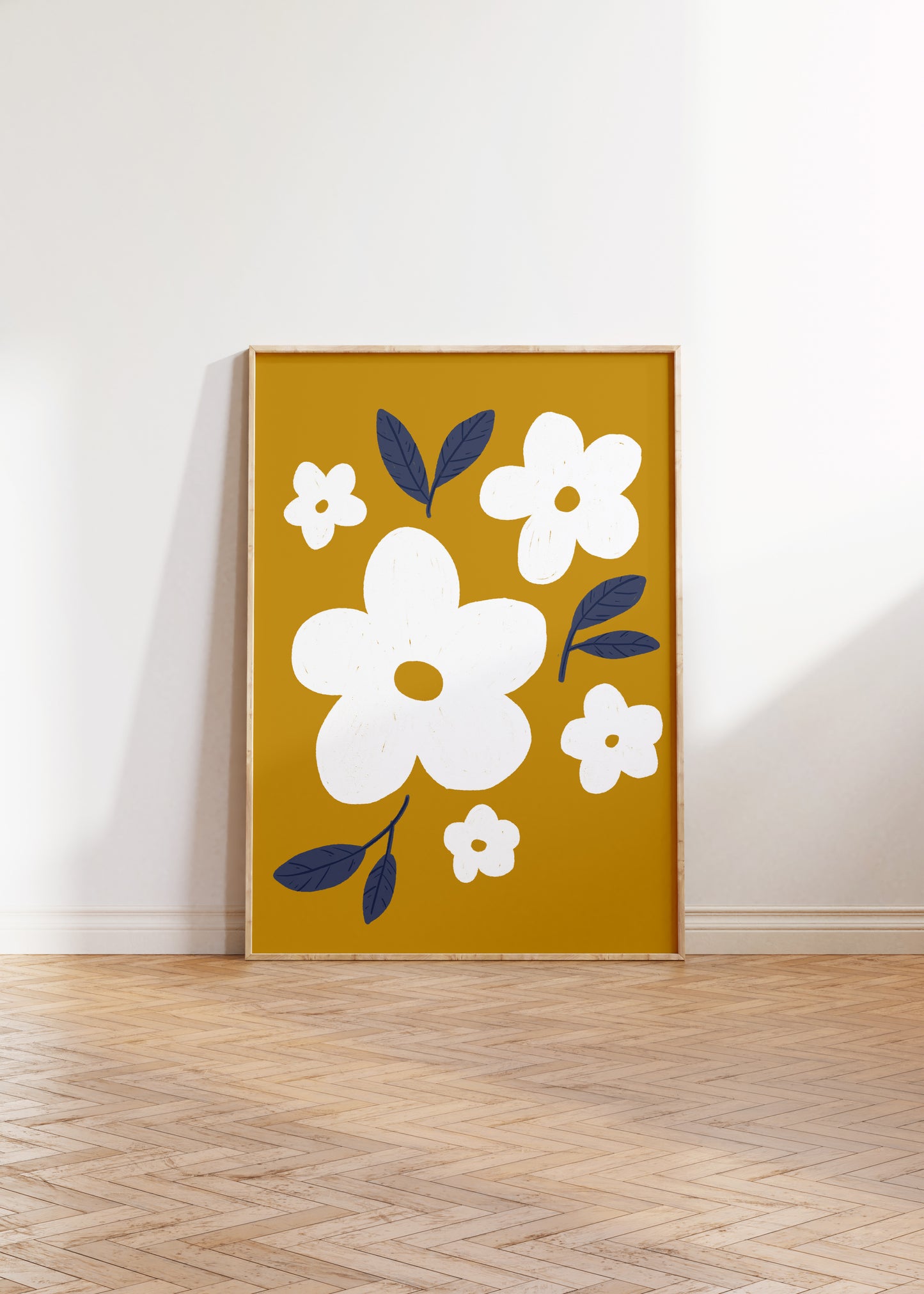 White Daisies on Mustard Yellow Wall Art Print