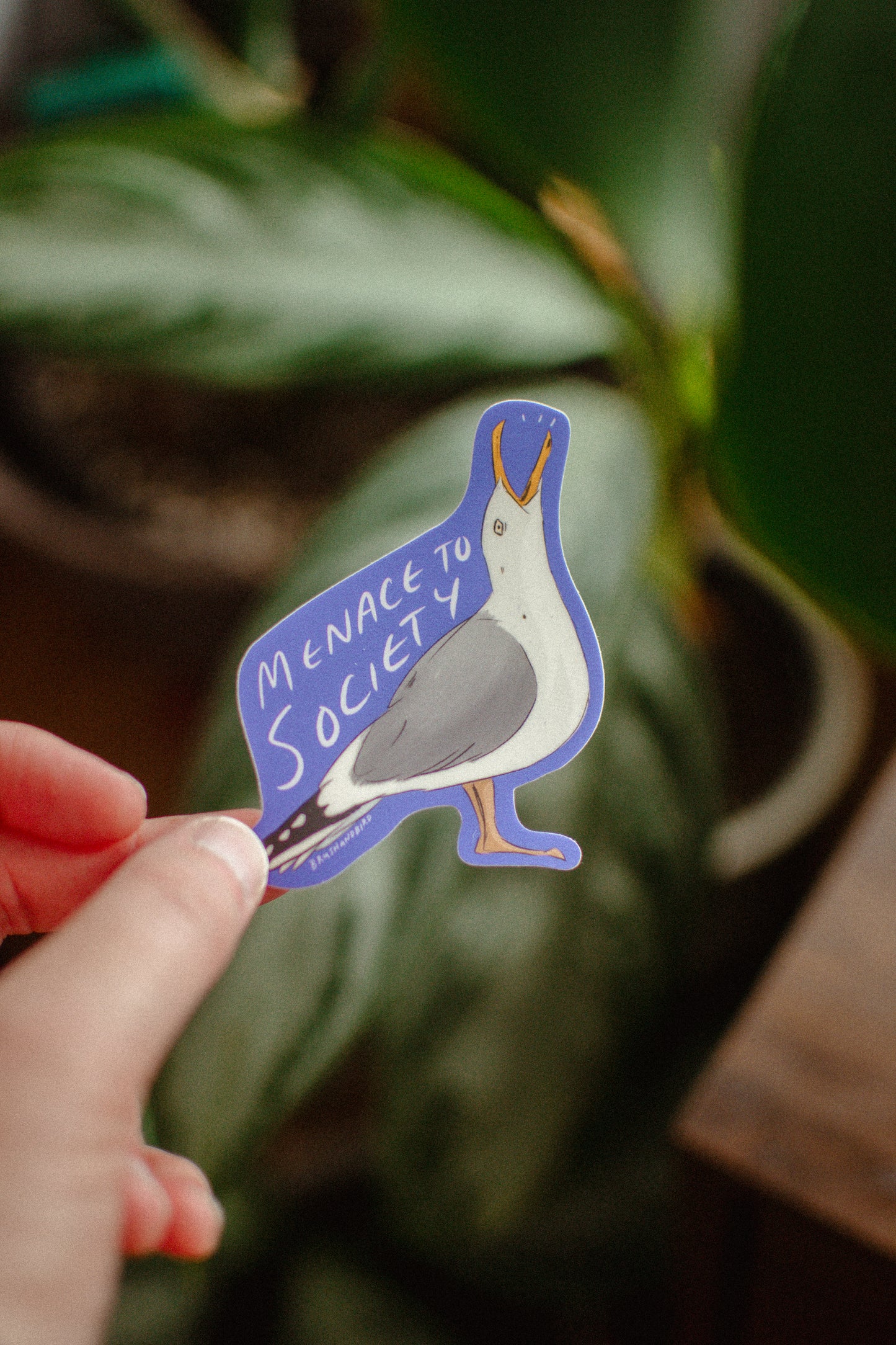A sticker depicting a seagull with the text 'Menace to Society' printed on it, held between fingers with a plant in the background.