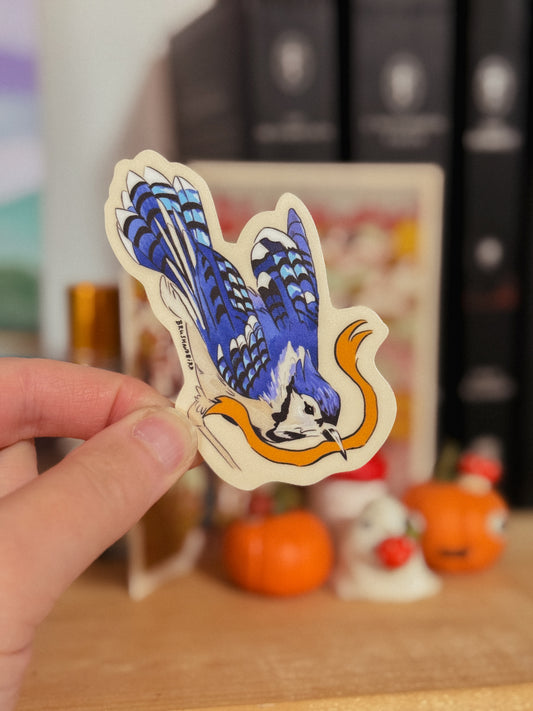 Blue Jay Sticker | Flying Bird with Ribbon Vinyl Sticker | Bird Lover Gift