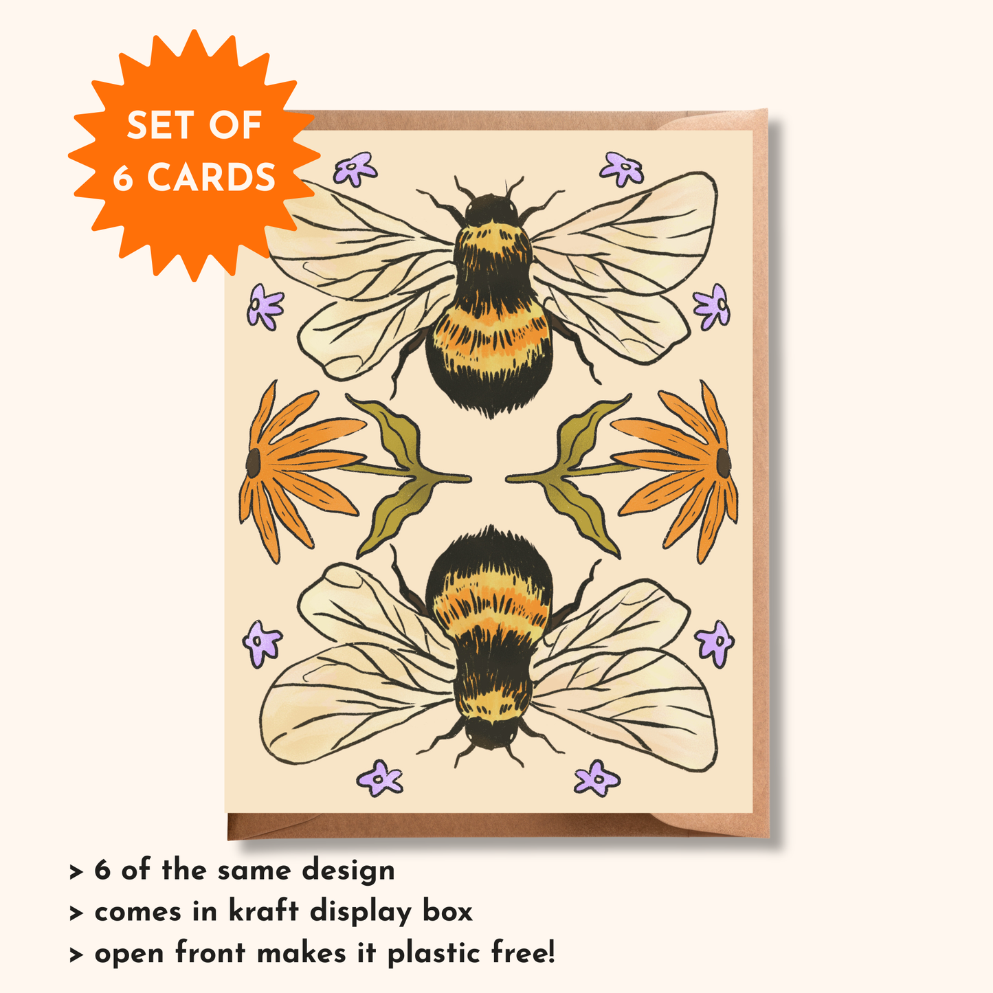 Bumblebee Card Set of 6 | Bee Illustration Greeting Card Pack