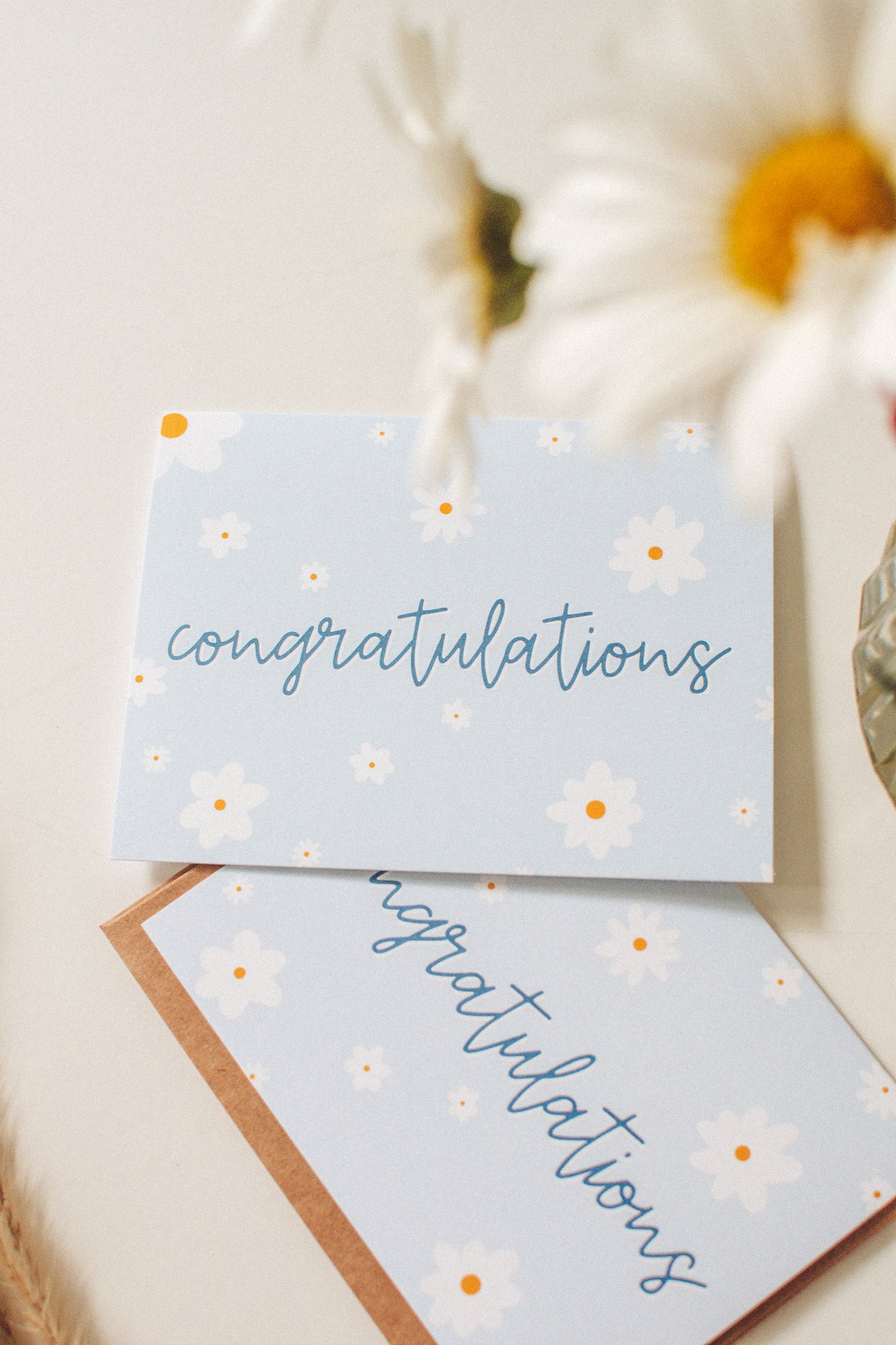 Congratulations Greeting Card Blank | Sky Blue White Daisy Congrats Blank Greeting Card | Blue and White Card Spring Floral Card Set