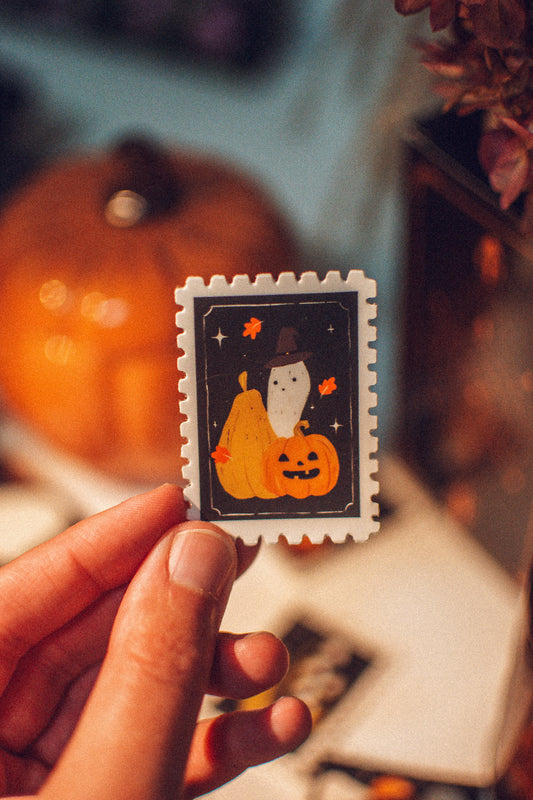 Autumn Stamp Sticker | Halloween Jack-o-Lantern, Ghost Vinyl Sticker