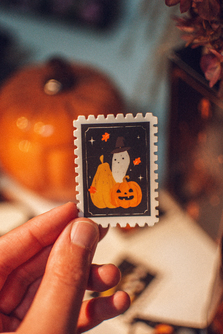 Autumn Stamp Sticker | Halloween Jack-o-Lantern, Ghost Vinyl Sticker