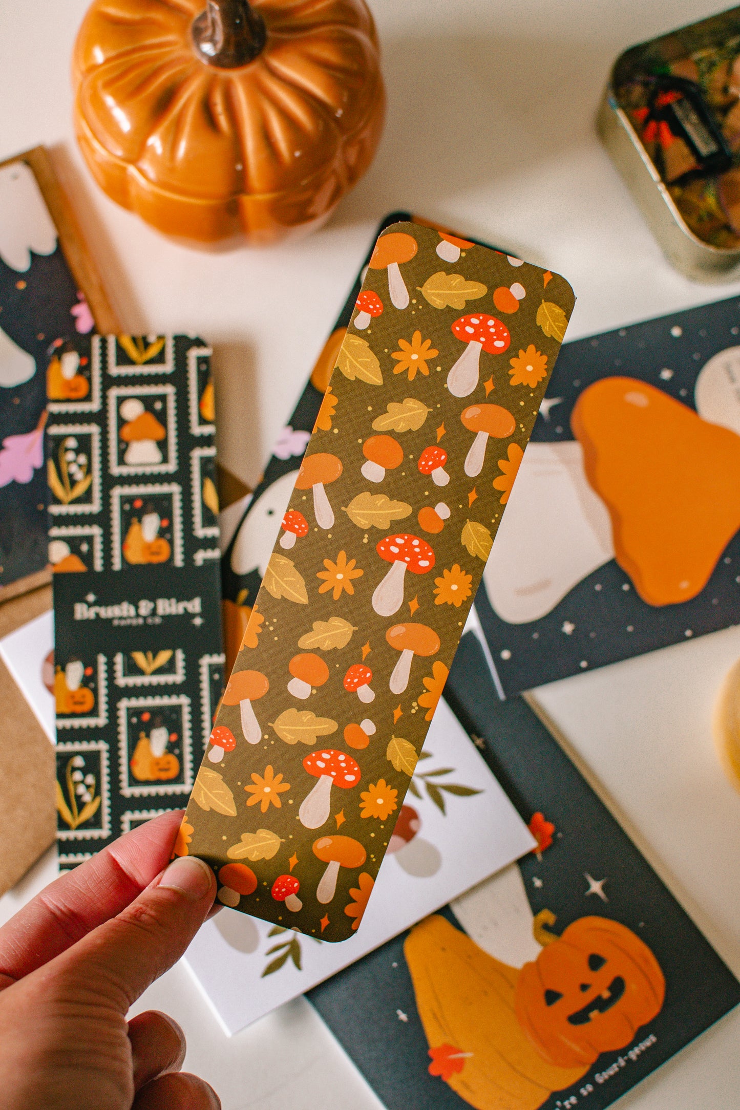 Fall Mushroom Pattern Bookmark | Autumn Leaves and Mushies