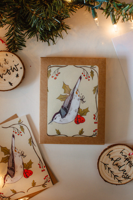 Nuthatch Bird Greeting Card Set of 6 | Blank Holiday Christmas Card