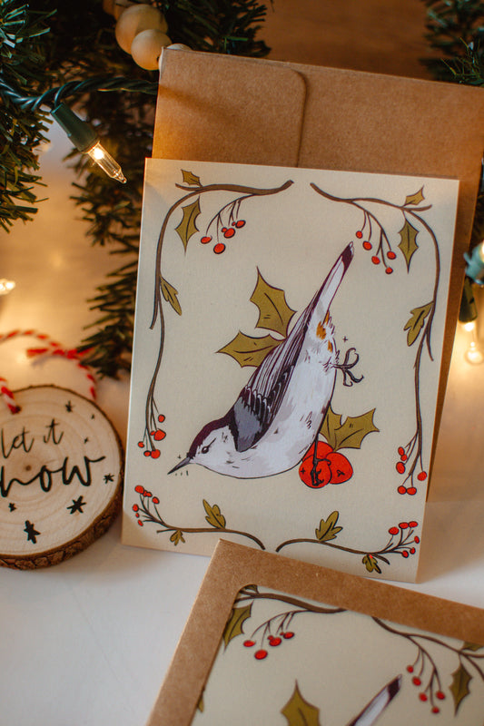 Nuthatch Bird Greeting Card | Blank Holiday Christmas Card