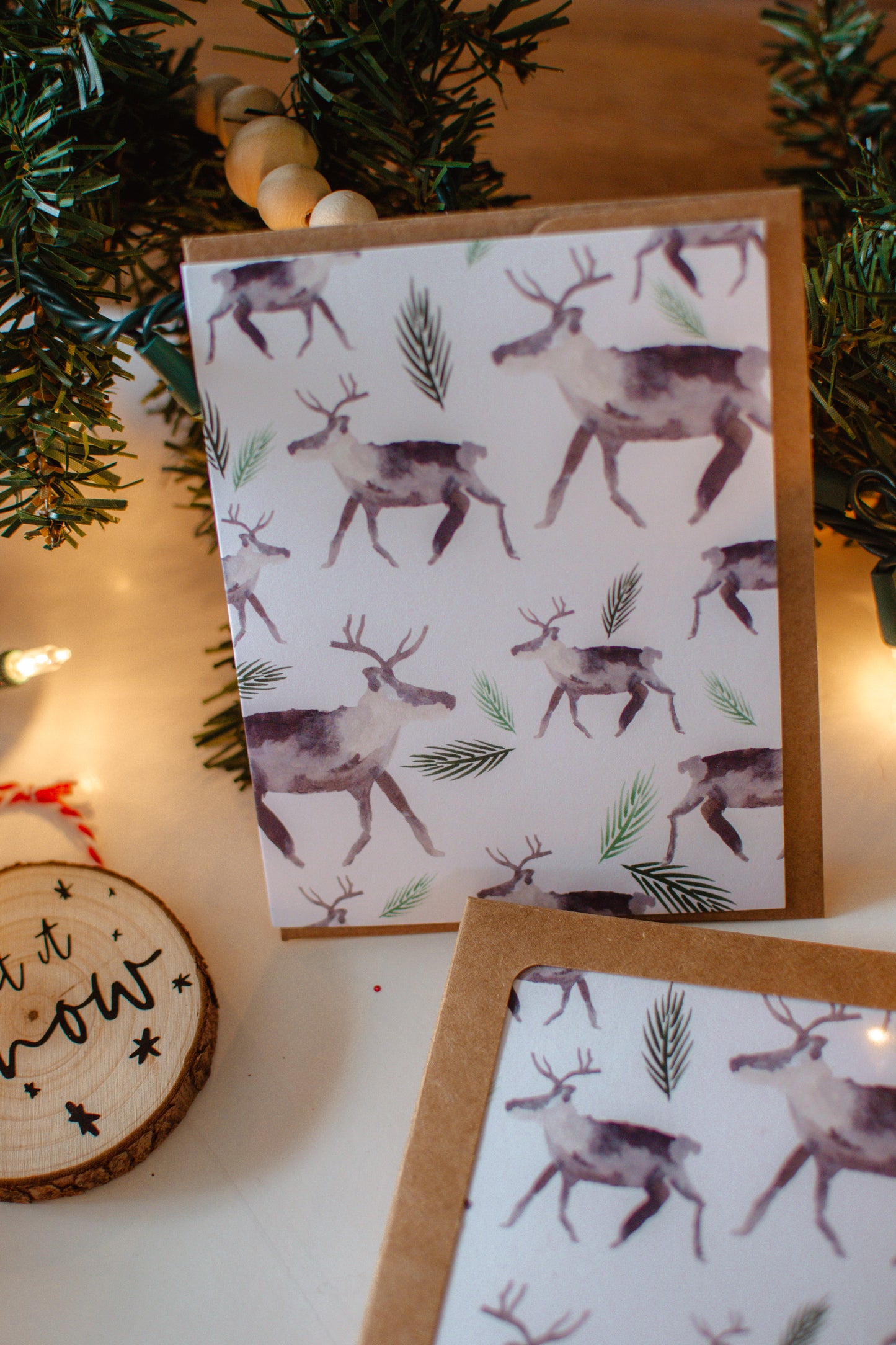 Reindeer Pattern Holiday Card | Caribou and Evergreen Watercolour