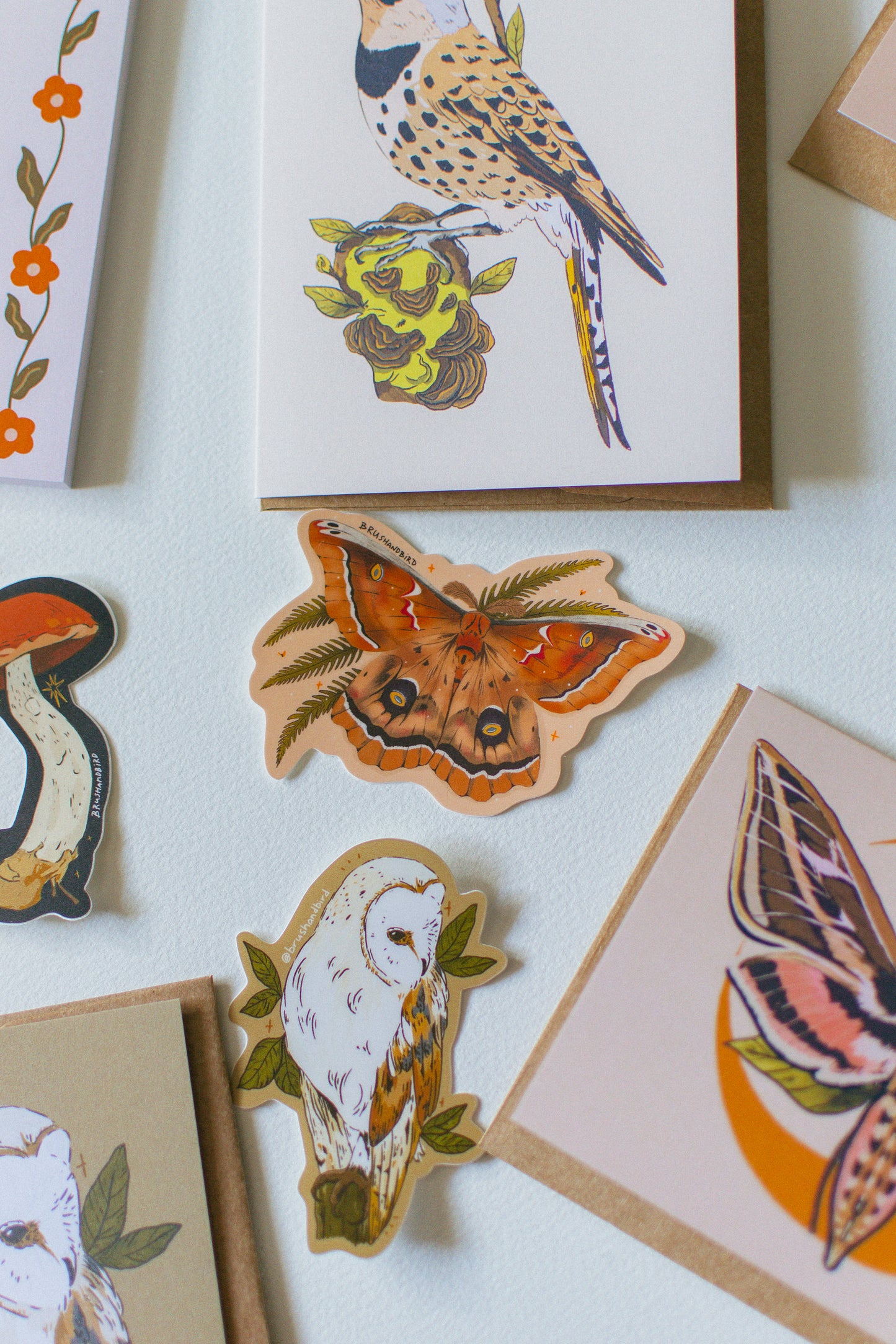 A collection of illustrated stickers and art prints featuring nature motifs, including a butterfly, owl, moth, mushroom, and floral designs, arranged on a light blue surface.