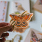 A hand holds a die-cut sticker featuring a detailed illustration of a large moth with orange, brown, and black patterns, set against a softly blurred background of other botanical and insect-themed stickers.
