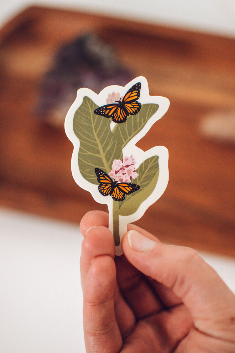 Monarch Butterfly and Milkweed Sticker | Pollinator Waterproof Vinyl Sticker