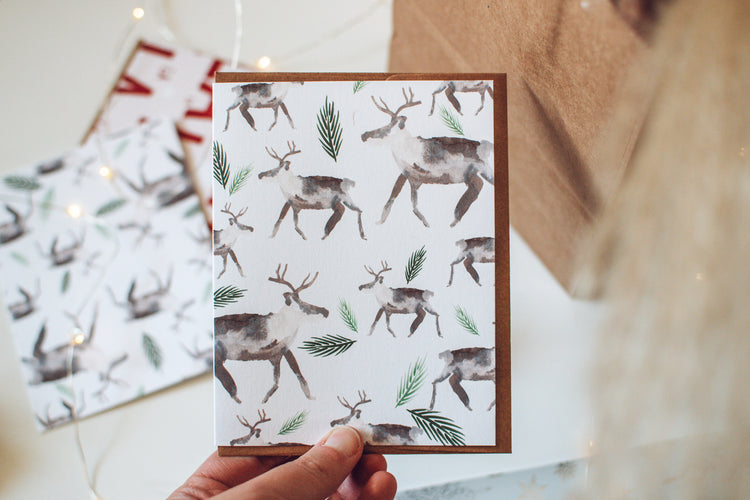 Reindeer Pattern Holiday Card | Caribou and Evergreen Watercolour