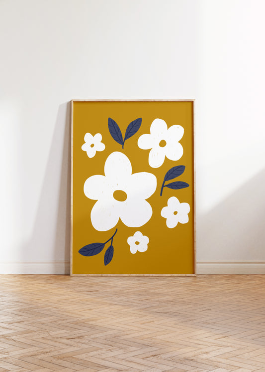 White Daisies on Mustard Yellow Wall Art Print