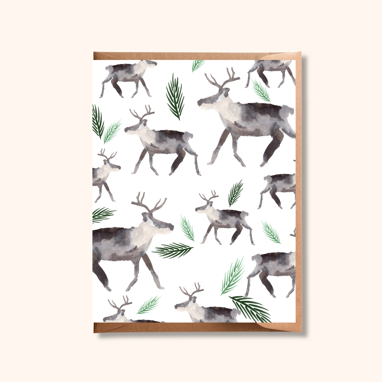Reindeer Pattern Holiday Card | Caribou and Evergreen Watercolour