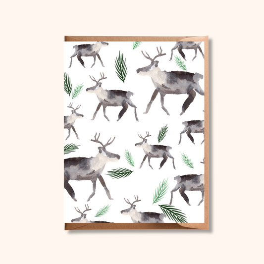 Reindeer Pattern Holiday Card | Caribou and Evergreen Watercolour