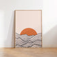 Boho Mountain Range Line Art Print | Sunset over Waves
