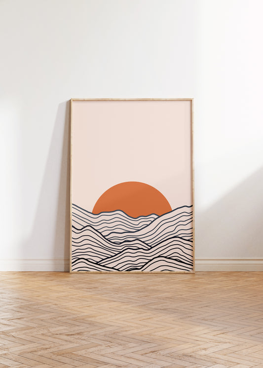 Boho Mountain Range Line Art Print | Sunset over Waves