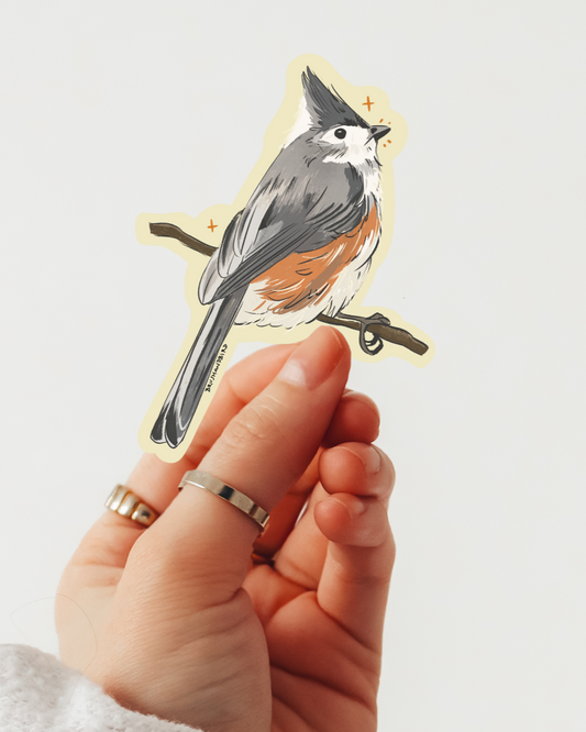 Hand holding a tufted titmouse bird sticker on a plain background