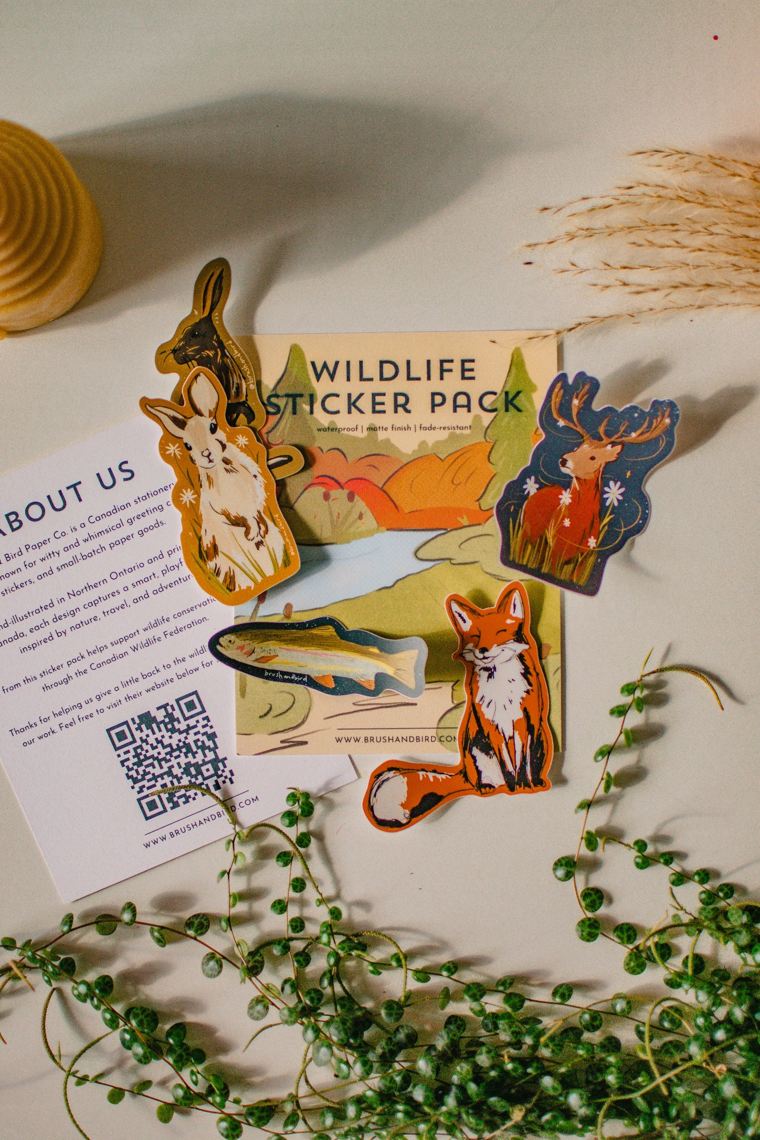 Wildlife sticker pack with a card and decorative elements on a light background