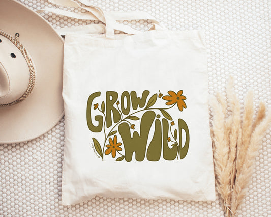 Retro Grow Wild Tote Bag | Floral Hippie Tote Bag