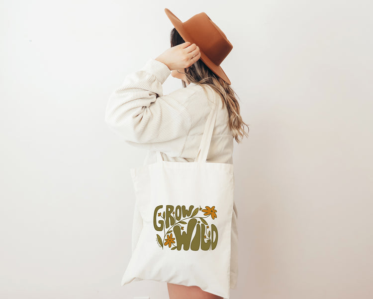 Retro Grow Wild Tote Bag | Floral Hippie Tote Bag