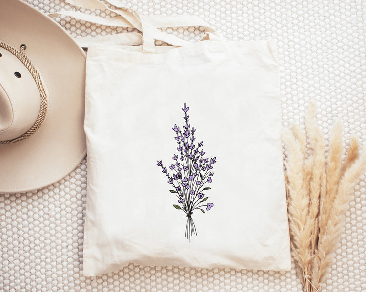 Lavender Bouquet Tote Bag | Floral Design Line Art Tote Bag